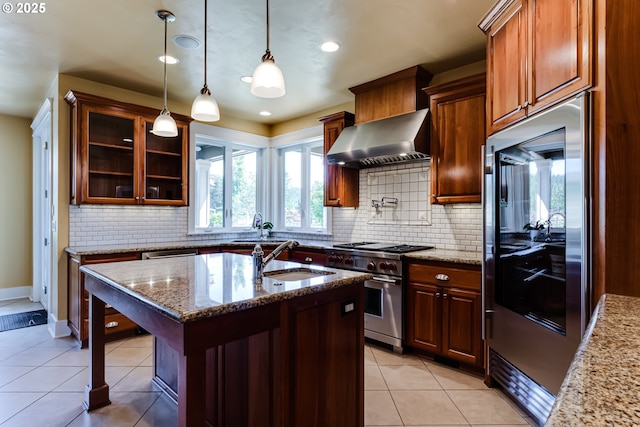 83500 Enterprise Rd, Creswell, OR 97426 - kitchen with high end range, ventilation hood, fridge, light tile patterned flooring, and recessed lighting