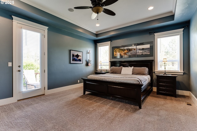 83500 Enterprise Rd, Creswell, OR 97426 - carpeted bedroom with a raised ceiling, access to exterior, ornamental molding, multiple windows, and recessed lighting
