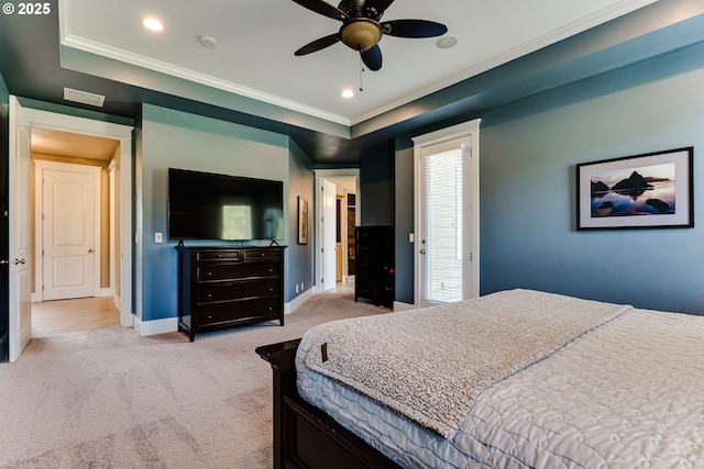 83500 Enterprise Rd, Creswell, OR 97426 - bedroom featuring light carpet, recessed lighting, ornamental molding, a tray ceiling, and a ceiling fan