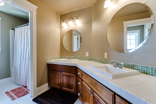 83500 Enterprise Rd, Creswell, OR 97426 - full bath with double vanity, tile patterned flooring, a shower with curtain, and tasteful backsplash