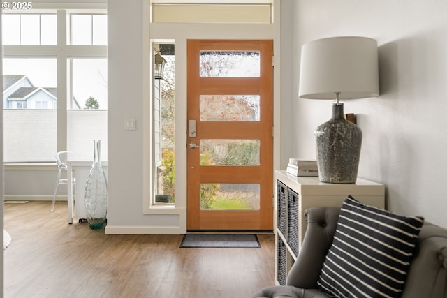 doorway featuring plenty of natural light, baseboards, and wood finished floors