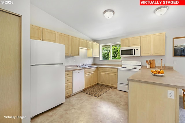 5580 Franklin Blvd, Eugene, OR 97403 - kitchen featuring light brown cabinets, white appliances, a peninsula, lofted ceiling, and light countertops