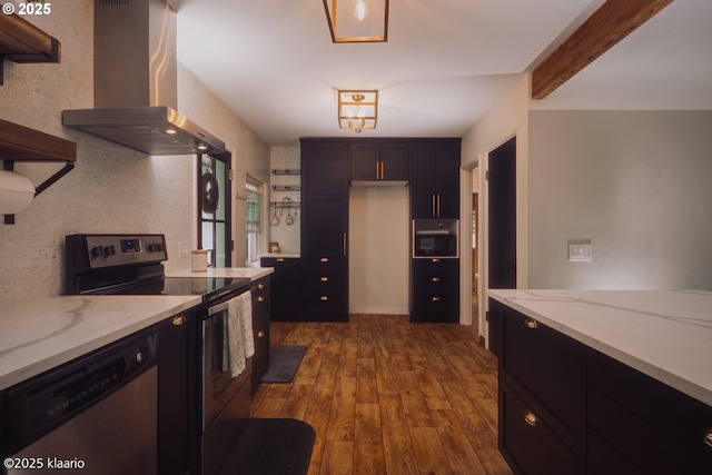 kitchen featuring light stone countertops, stainless steel appliances, dark wood-style flooring, and wall chimney exhaust hood