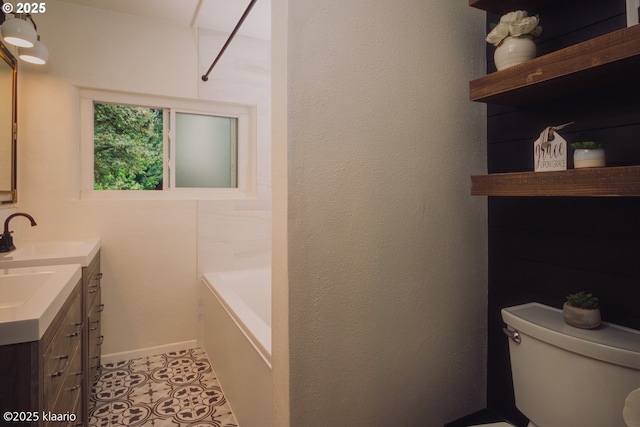 bathroom featuring double vanity, a shower, toilet, a bathtub, and a sink