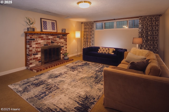 carpeted living room featuring baseboards and a fireplace