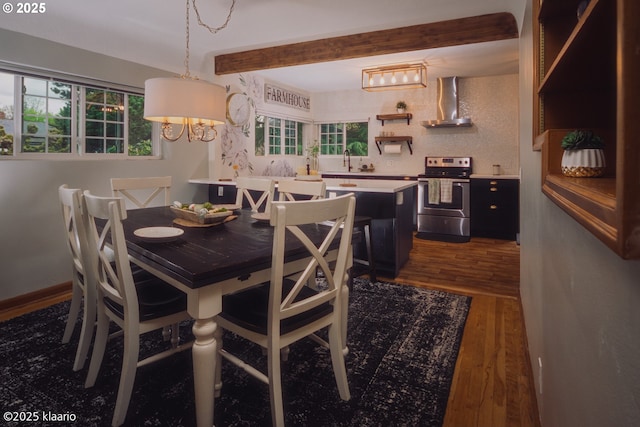 dining space with a healthy amount of sunlight, beamed ceiling, dark wood-style floors, and a chandelier