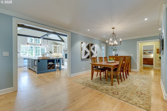 2645 SW Upper Drive Pl, Portland, OR 97201 - dining space with a chandelier, baseboards, light wood-type flooring, recessed lighting, and ornamental molding
