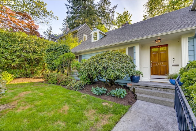 2645 SW Upper Drive Pl, Portland, OR 97201 - property entrance with a chimney, roof with shingles, and a lawn