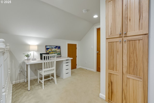 2645 SW Upper Drive Pl, Portland, OR 97201 - office area with lofted ceiling, light colored carpet, and baseboards