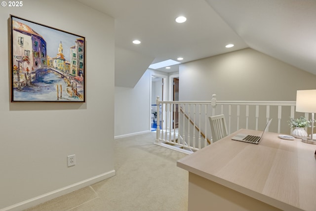 2645 SW Upper Drive Pl, Portland, OR 97201 - home office with vaulted ceiling, recessed lighting, carpet floors, and baseboards