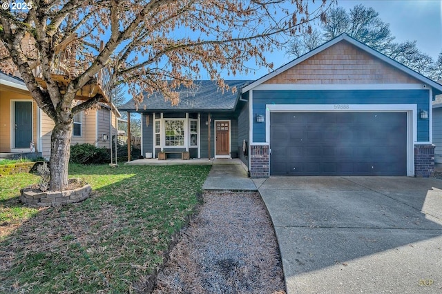 ranch-style house featuring a garage, a front yard, concrete driveway, and brick siding