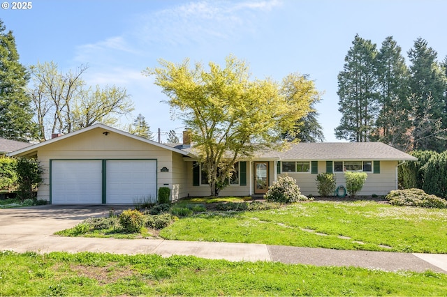 ranch-style house with an attached garage, a front yard, and concrete driveway