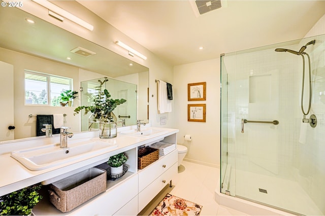 607 W 35th St, Vancouver, WA 98660 - full bath with a stall shower, double vanity, tile patterned floors, and recessed lighting