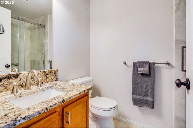 full bath featuring a shower stall, toilet, and vanity