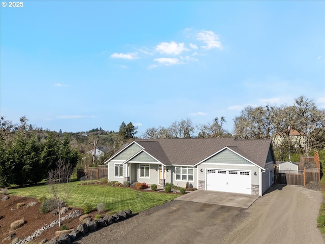 ranch-style house with a front yard, dirt driveway, fence, and a garage