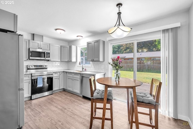 10105 NE 59th St, Vancouver, WA 98662 - kitchen featuring appliances with stainless steel finishes, gray cabinetry, a sink, light wood-type flooring, and decorative backsplash