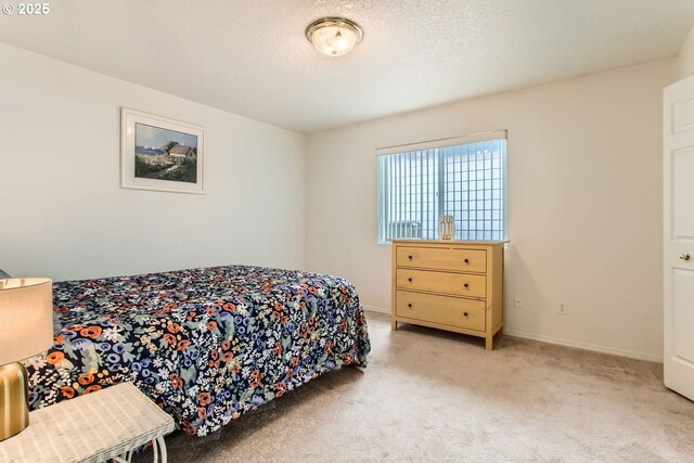 bedroom featuring light colored carpet and a textured ceiling