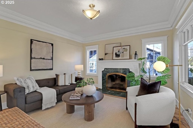 living area featuring a fireplace, baseboards, and ornamental molding