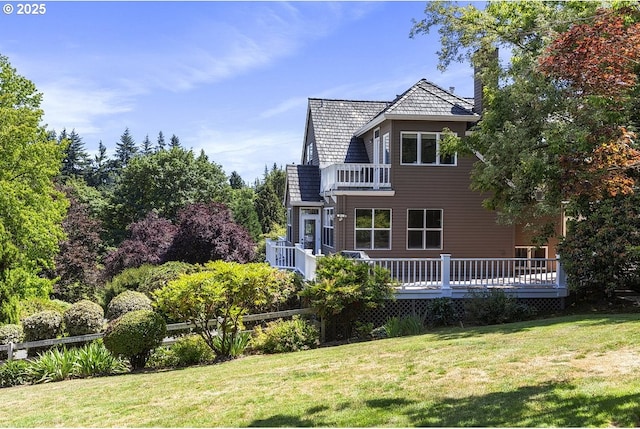 1221 SW Forest Meadows Way, Lake Oswego, OR 97034 - view of property exterior with a lawn, a balcony, a chimney, and a deck