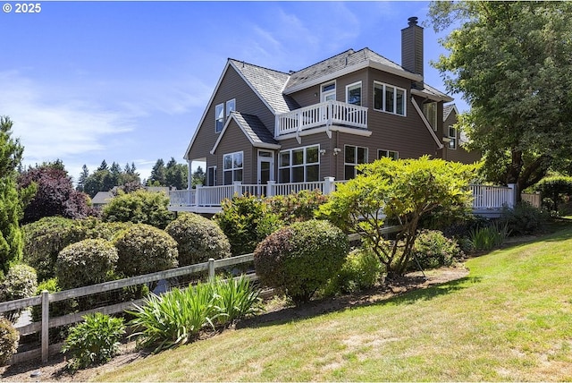 1221 SW Forest Meadows Way, Lake Oswego, OR 97034 - rear view of property featuring a chimney, a wooden deck, and a balcony