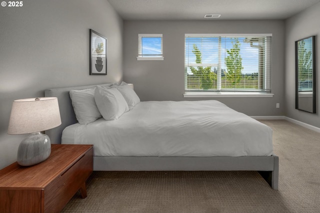 bedroom featuring visible vents, carpet flooring, and baseboards