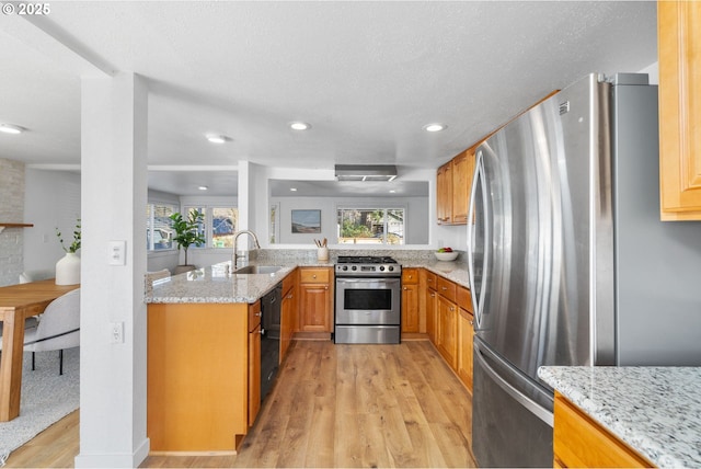 kitchen featuring stainless steel appliances, light stone countertops, sink, and plenty of natural light