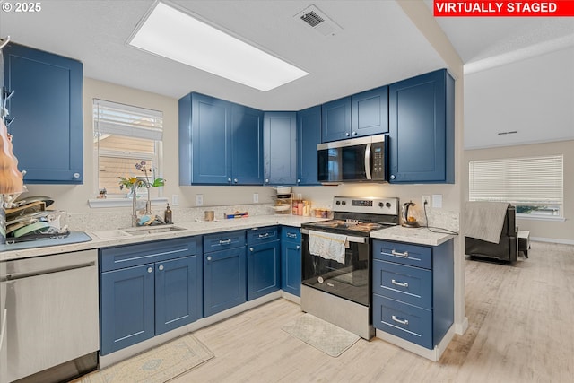 15707 NE Beech St, Portland, OR 97230 - kitchen featuring stainless steel appliances, blue cabinets, and light wood-style floors