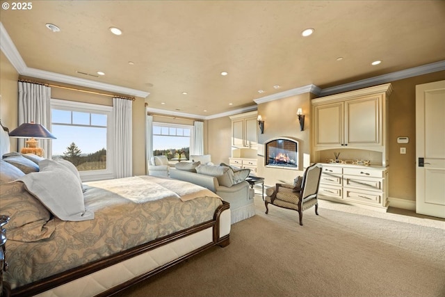 carpeted bedroom with ornamental molding