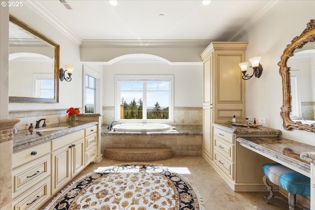 12955 NW Skyline Blvd, Portland, OR 97231 - bathroom with plenty of natural light, crown molding, a garden tub, vanity, and tile patterned flooring