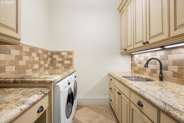 12955 NW Skyline Blvd, Portland, OR 97231 - clothes washing area featuring independent washer and dryer, baseboards, cabinet space, and light tile patterned flooring