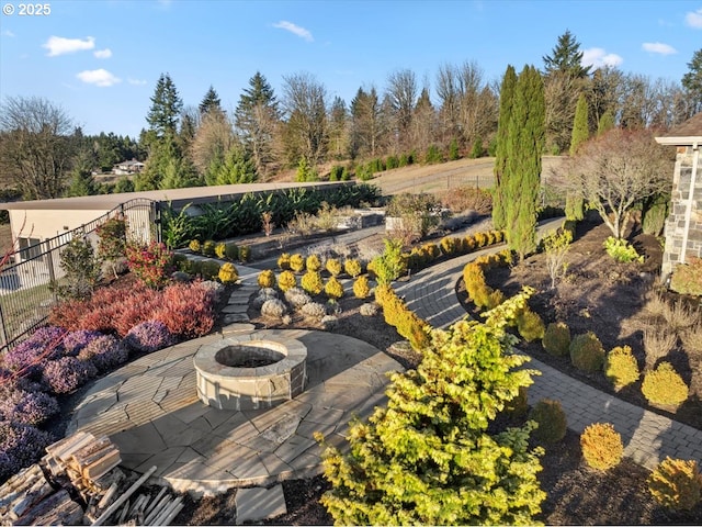 view of patio featuring a fire pit