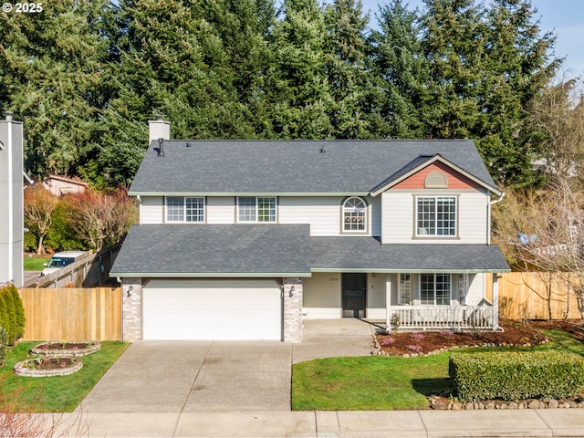 traditional-style house with a porch, concrete driveway, brick siding, and fence