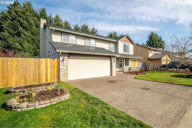 traditional home featuring brick siding, a chimney, concrete driveway, fence, and a front lawn