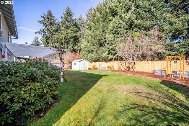 view of yard with an outbuilding, a fenced backyard, and a storage unit