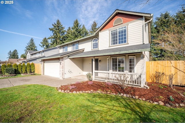 traditional-style home with a front yard, covered porch, fence, and concrete driveway