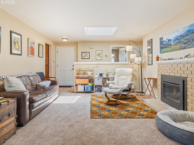 2250 NW Highland Dr, Corvallis, OR 97330 - living area featuring carpet floors, a skylight, and a brick fireplace
