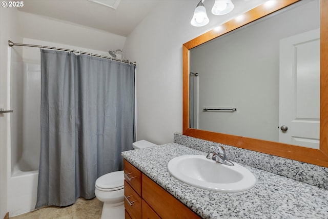 full bathroom with toilet, shower / bath combination with curtain, and vanity