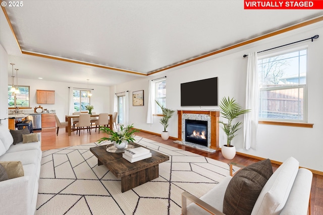 living room featuring light hardwood / wood-style floors, sink, and a fireplace