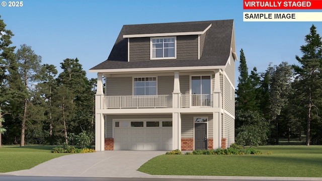 view of front of house featuring a garage, driveway, roof with shingles, and a front yard