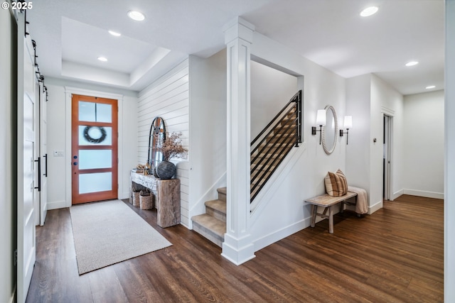 12703 NE 58th Ave, Vancouver, WA 98686 - foyer with stairway, baseboards, dark wood-type flooring, recessed lighting, and a raised ceiling