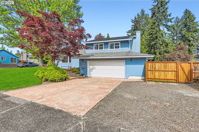 4388 NW Neskowin Ave, Portland, OR 97229 - view of front of home featuring fence, roof with shingles, an attached garage, a front yard, and concrete driveway