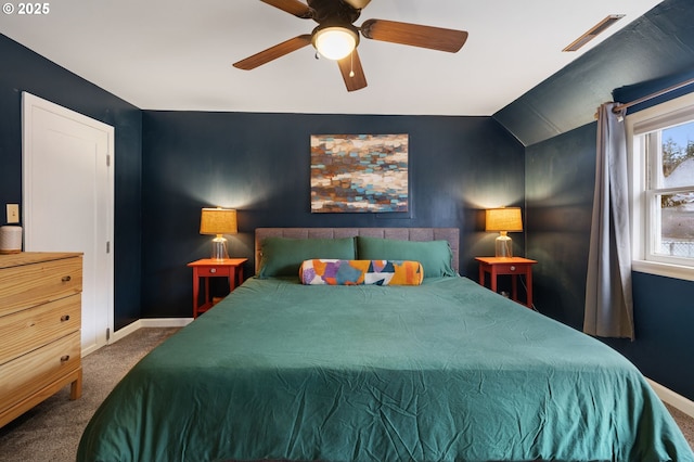 bedroom featuring carpet, visible vents, vaulted ceiling, and baseboards