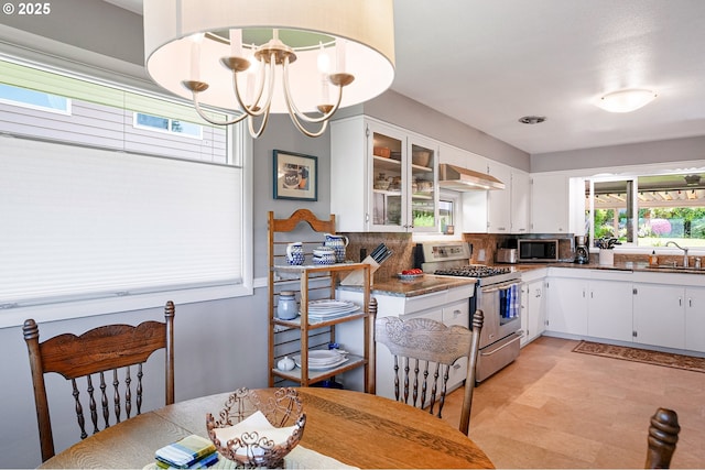 kitchen featuring appliances with stainless steel finishes, range hood, a sink, white cabinetry, and tasteful backsplash