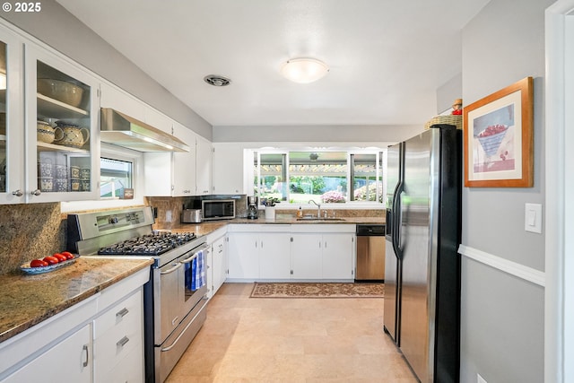 kitchen with appliances with stainless steel finishes, wall chimney range hood, a sink, and plenty of natural light