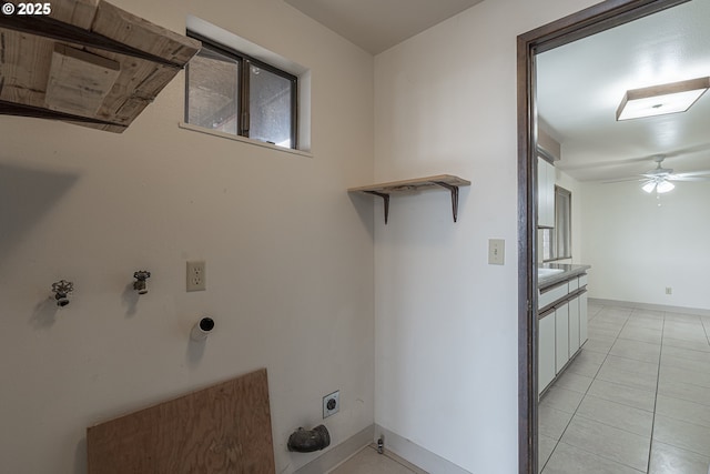 laundry room with light tile patterned floors, hookup for an electric dryer, and ceiling fan