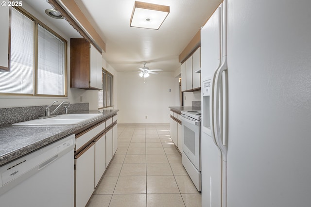 kitchen featuring light tile patterned flooring, sink, white cabinets, ceiling fan, and white appliances