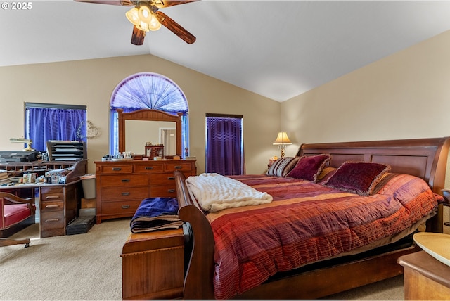 bedroom with lofted ceiling, light colored carpet, and ceiling fan