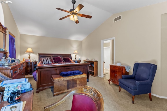 bedroom featuring visible vents, baseboards, light carpet, ensuite bathroom, and high vaulted ceiling