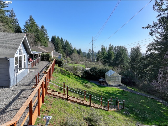 view of yard featuring an exterior structure, an outbuilding, and fence