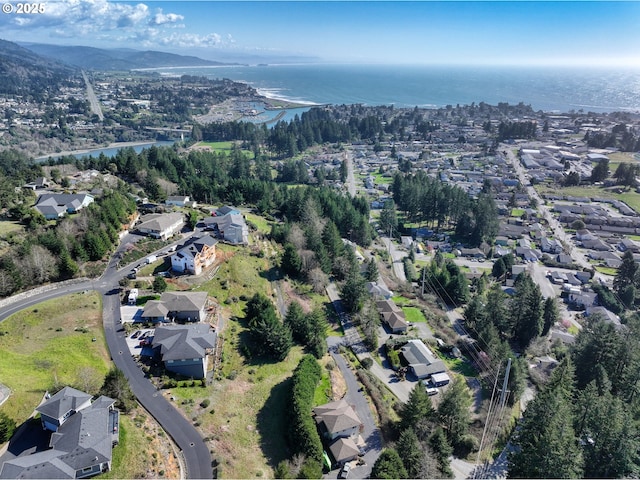 drone / aerial view with a water view and a residential view